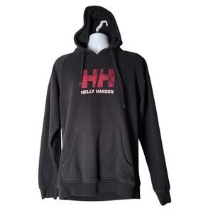 Helly Hansen Hoodie Sweatshirt Mens L Black Red Logo Pullover Cotton Retro